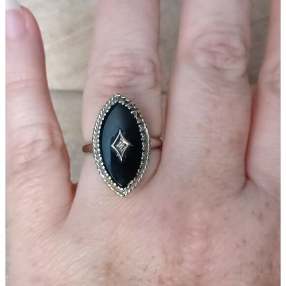 Vintage Onyx Diamond Filigree Ring 10k White Gold Size 7.75 - Picture 5 of 12